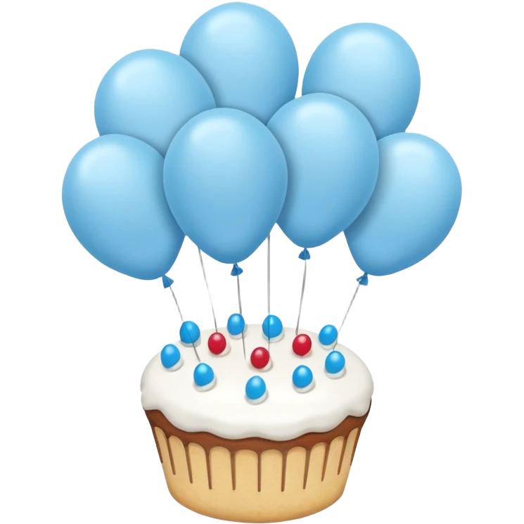 Please make some balloons that are light blue, and place a small cake underneath them. Make the balloons long and make more balloons. emoji