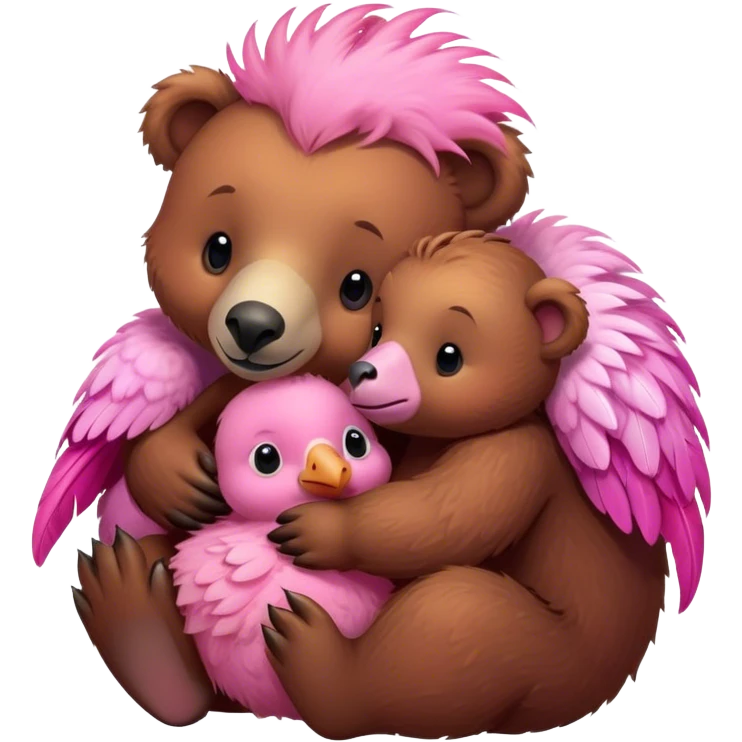 A cute brown bear and a real cute pink dodo closely snuggled together emoji