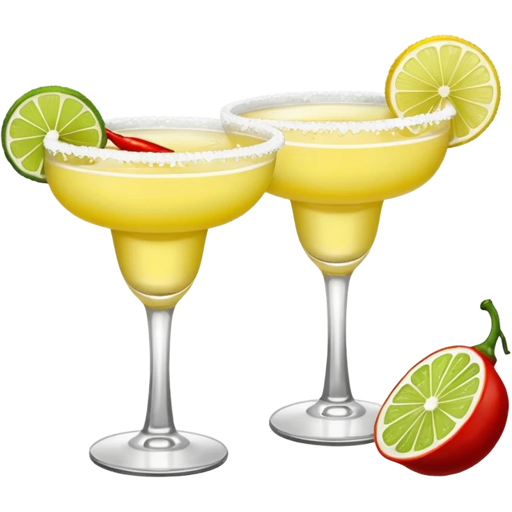 2 margarita cocktails. one is the classic margarita: yellowy with salt on the rim and a lemon. the other one is a spicy margarita: slightly more red color with a small red chili pepper instead of a lemon on the rim  emoji