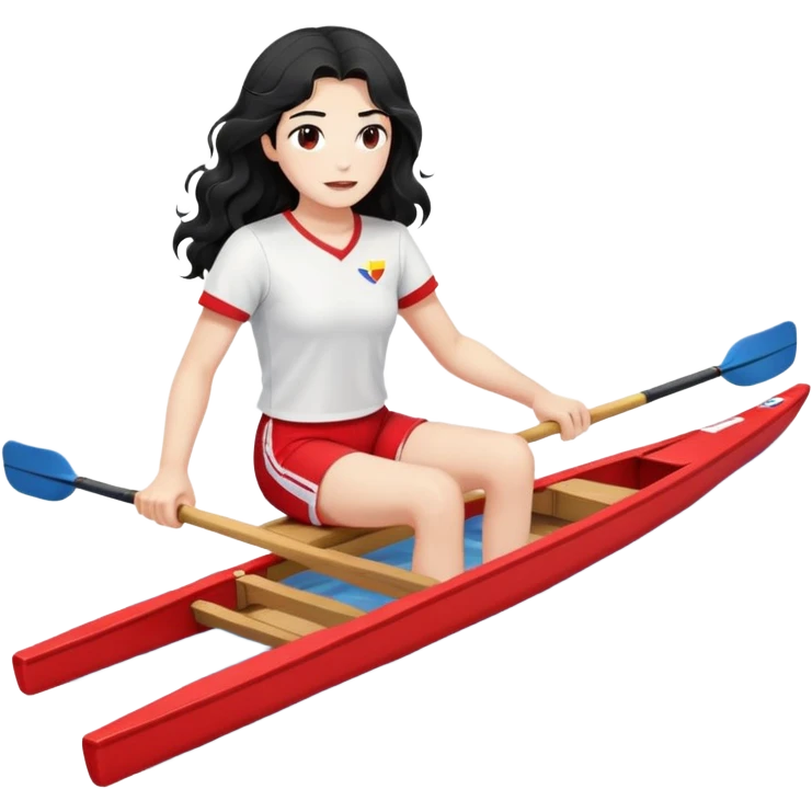 girl with long black wavy hair, white skin, wearing red shorts and white short-sleeve t-shirt, sitting in a professional Olympic rowing boat rowing, facing fully right emoji