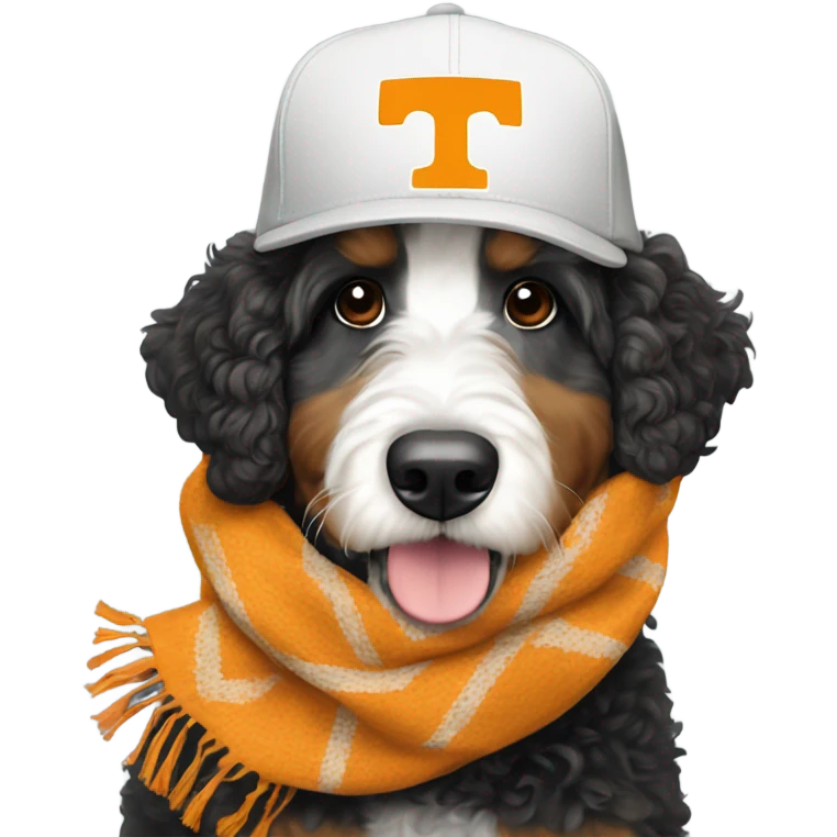 Bernedoodle with University of tennessee hat and scarf emoji