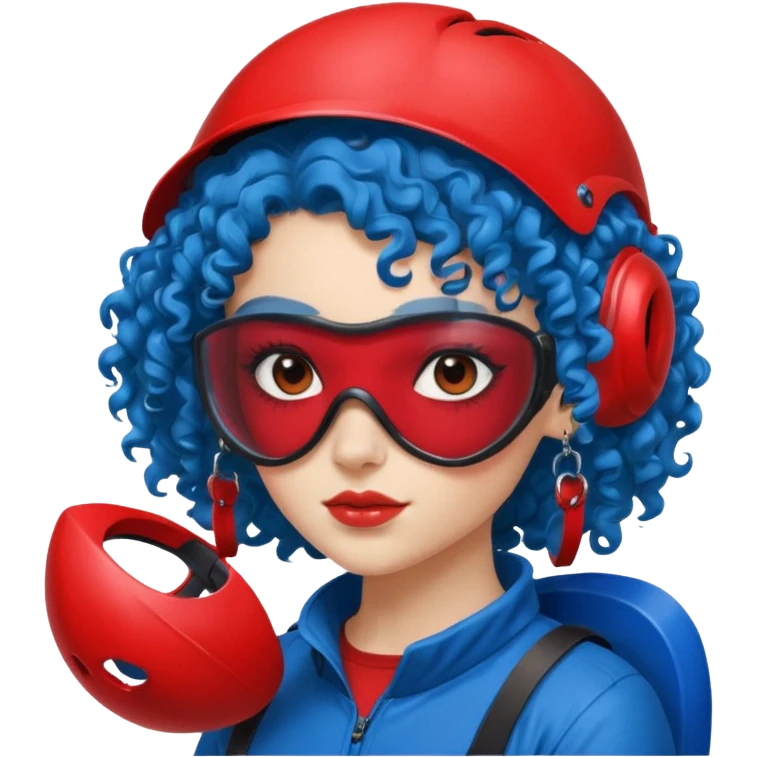 blue curly haired girl with huge earrings wearing red paintball helmet with eye protection, only face  emoji