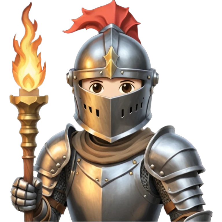 knight holding a short wooden torch in hand wearing darker, realistic iron armor, and a closed helmet hidden eyes in dark souls style emoji