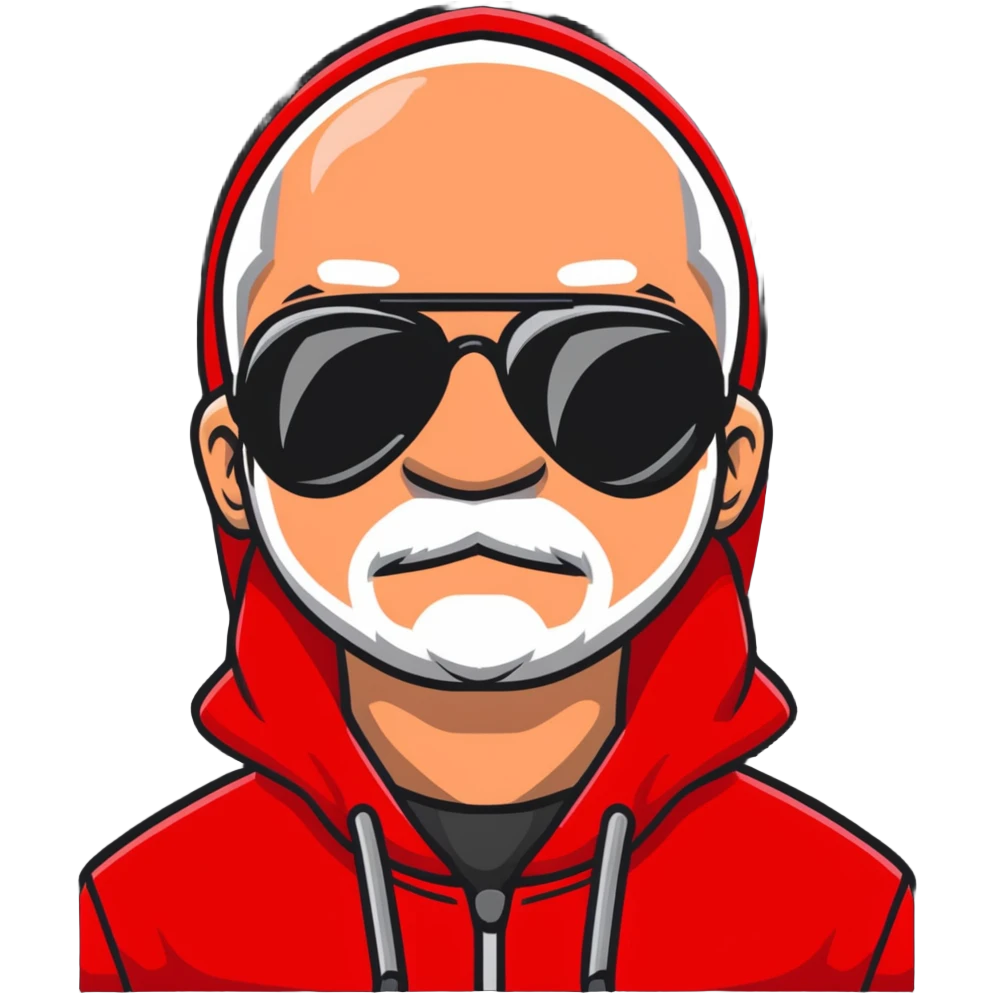 middle-aged man with minor hair growth on upper lip, black aviator sunglasses, red hoodie with hood covering head emoji
