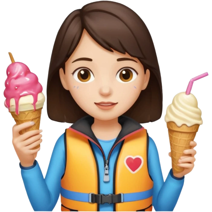 girl brunet kid wearing lifejacket, holding ice cream emoji
