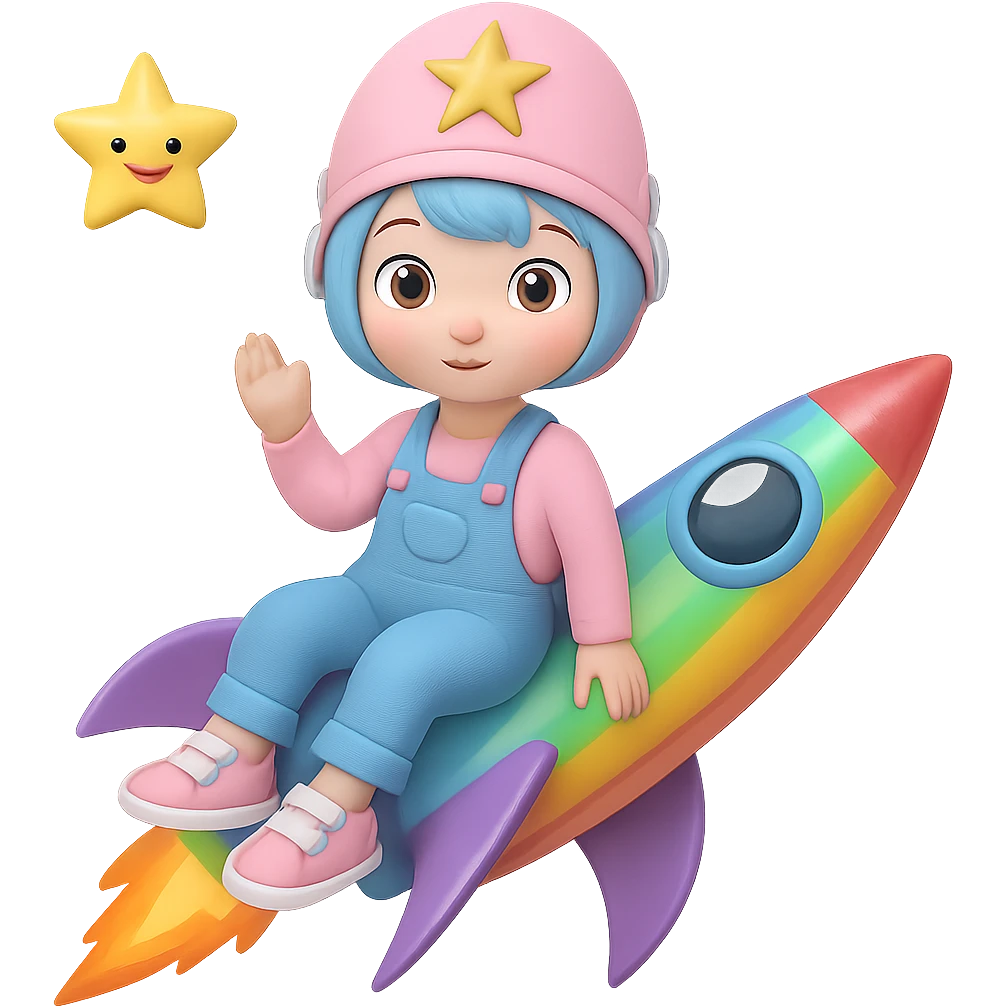 Change the rocket to a rainbow-colored rocket. Keep the kitten wearing pastel blue overalls and sneakers, pastel pink hat with a star. The kitten is sitting and smiling. Remove the background. emoji