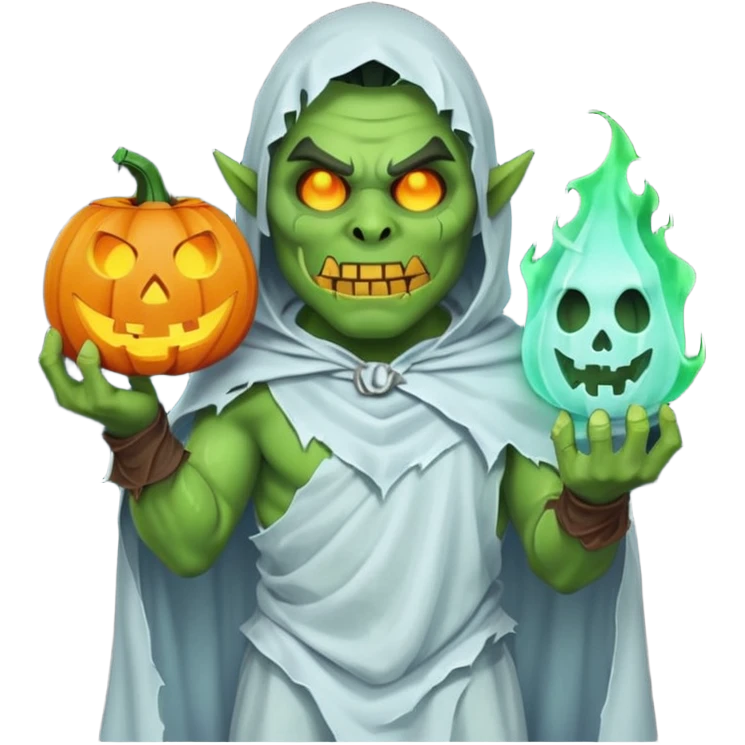 male orc warrior ghost emoji, green skin, wearing torn white ghost sheet costume, holding glowing jack-o'-lantern, faint blue aura, friendly but spooky expression, Halloween fantasy theme, Apple emoji style, clean white background, square emoji