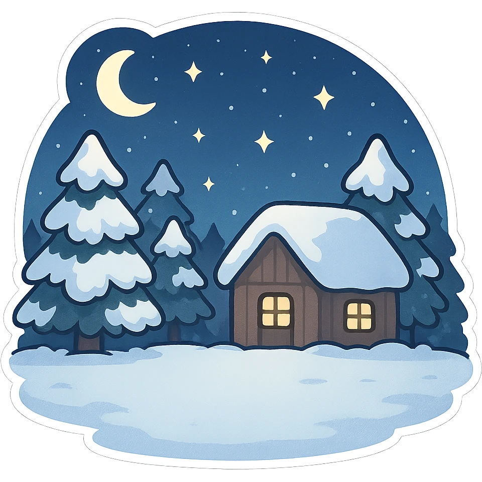 一张冬天雪里的场景，背景有堆满雪的松树和房屋，前面是一块空地，天空是夜晚的星空，有星星和月亮 emoji