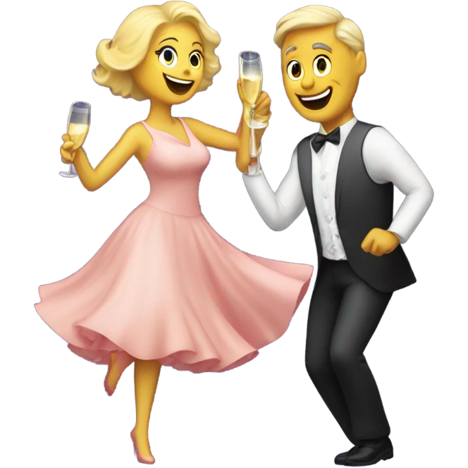 A fifty years man and a blonde woman dansing with a cup and bottle of champagne by night emoji
