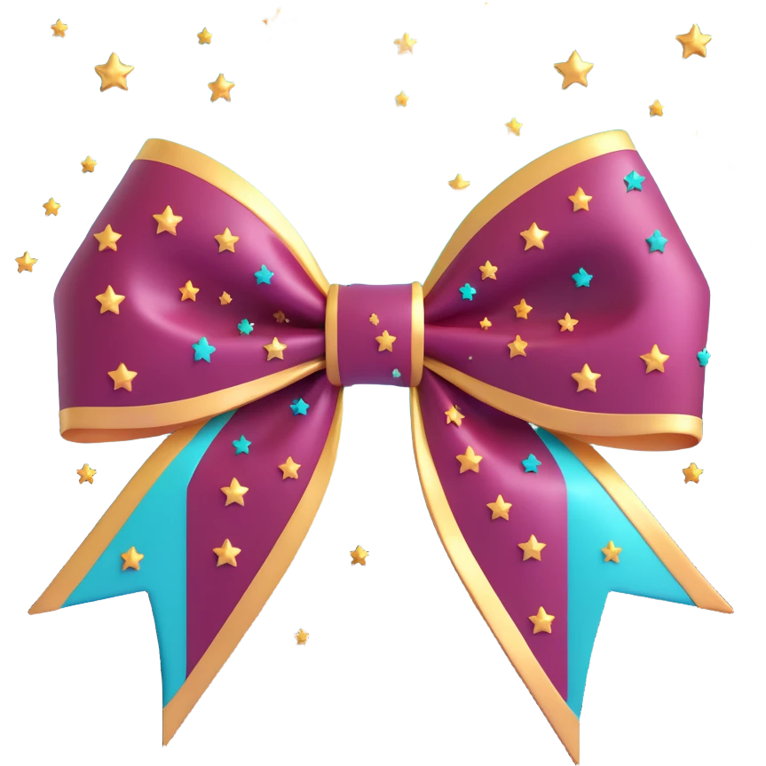 sparkly burgundy bow with gold outline and stars, glossy wet look emoji