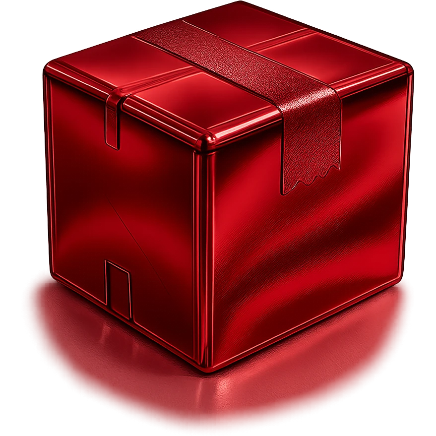 Add a specular layer with color #C31F3F to the chrome package box, keeping the metallic, shiny, modern look, and preserving the original shape and tape details. emoji
