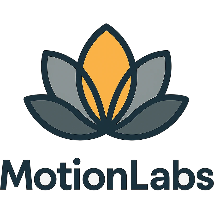 modern luxury logo for MotionLabs with abstract lotus, colors #ffa31a, #808080, #292929, dark background emoji