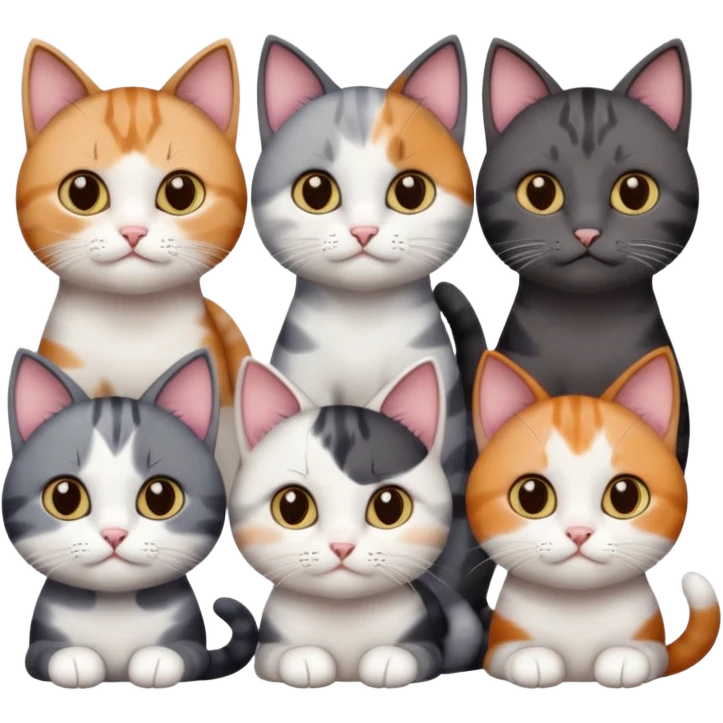 5 different coloured short haired cats including; a dark brown and white cat, and a dark grey and white, and a calico emoji