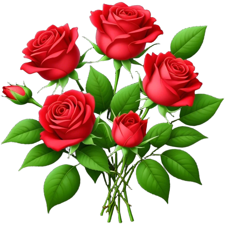 bouquet Bright Red Tea Rose, luxuriant, leaf, bud emoji