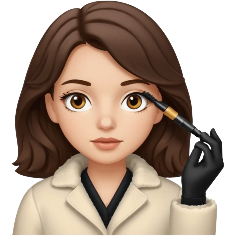 Garota branca de cabelos levemente ondulados castanhos escuros médio aplicando máscara de cílios, ela veste casaco off white estilo cozy emoji