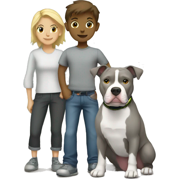 Gray Pitbull standing with brune-haired boy and blonde girl emoji
