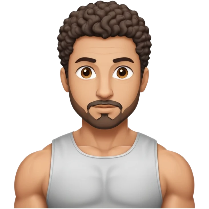 Arabischer hübscher mann mit muskeln, kurze haare locken mit seiten auf null und ziegenbart und modern emoji