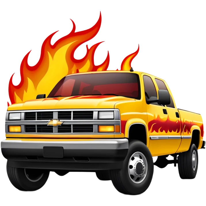 1997 yellow Chevy C-2500 Crew Cab with intricate airbrushed red flame design spreading across front, realistic flame artwork like in Kill Bill movie, 30-degree view, iOS emoji style emoji