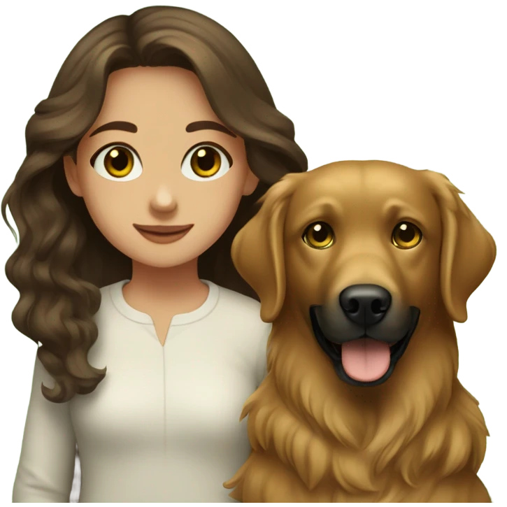 Girl with brown hair and green brown eyes next to a black golden retriever emoji