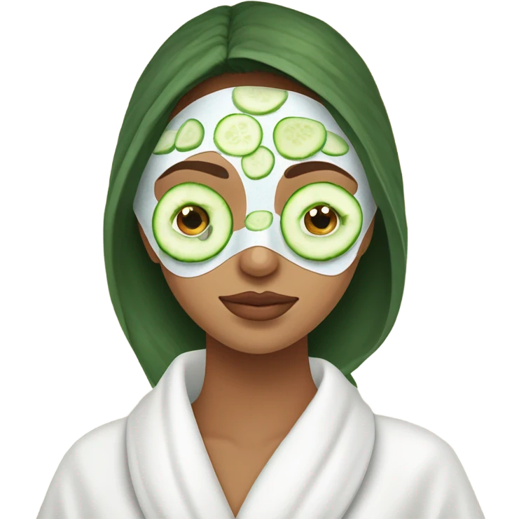 Girl with freackles Brown hair white skin and blue eyes wears Green colored texture skin care mask while She relaxes and puts two round piece of cucumber on her closed eyes In a white Robe emoji