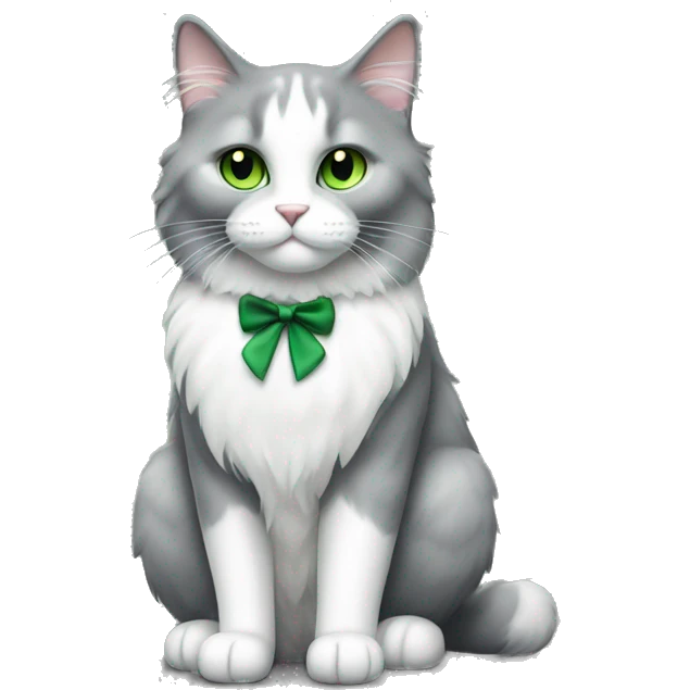 full body fluffy cat grey and white tuxedo pattern fur with green eyes emoji