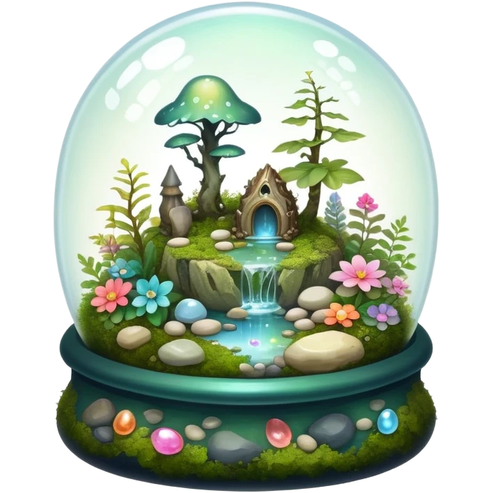 Sparkly shiny iridescent Mystical woodland glass-dome-terrarium-globe with moss inside, with marbles, with pebbles, crystals, with bones inside, and flowers inside  emoji