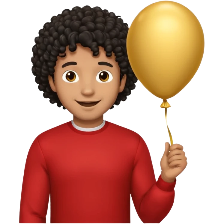 brown skin, black curly hair man hold gold balloon emoji