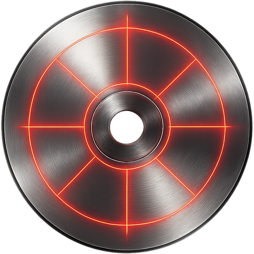A minimalist CD disc with geometric pattern, glowing effect, red color emoji