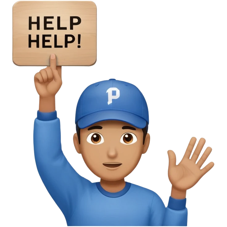 Men dressed in blue with baseball cap is pleading. Men holds up a sign spelling "Vishal Help!" emoji