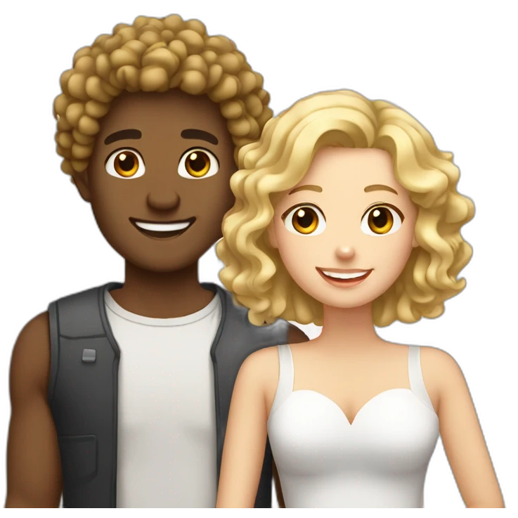 Couple, brown skin guy curly hair with a white girl blonde with teeth braces emoji