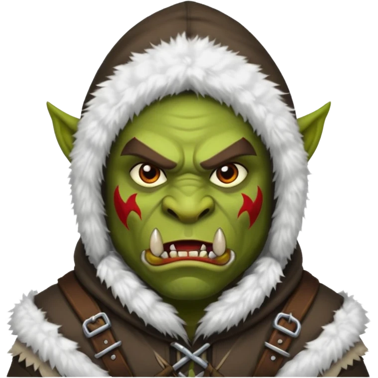 Fantasy Christmas orc raider icon, winter bandit style, fur hood, aggressive cunning expression, snowy action mood, clean emoji portrait style, male/female variant
 emoji