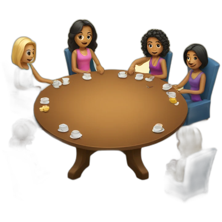 A round table with people sitting around it. They should be diverse in race and hair style. No cropping of elements. emoji