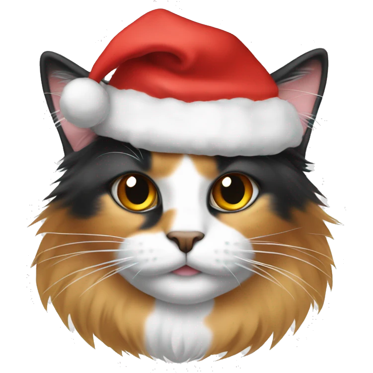 Long hair calico cat wearing a Christmas hat emoji
