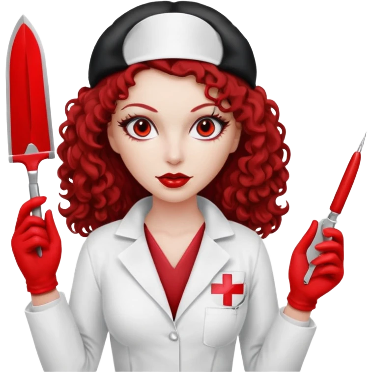 


Scary woman scalpel in hand, evil surgeon sexy surgeon clothes.  She has red eyes. Her  brown long curly hair. Wears sexy doctor outfit with red gloves. make her wear red ski mask  to hide. Wears white surgeon coat, wears  stilettos emoji