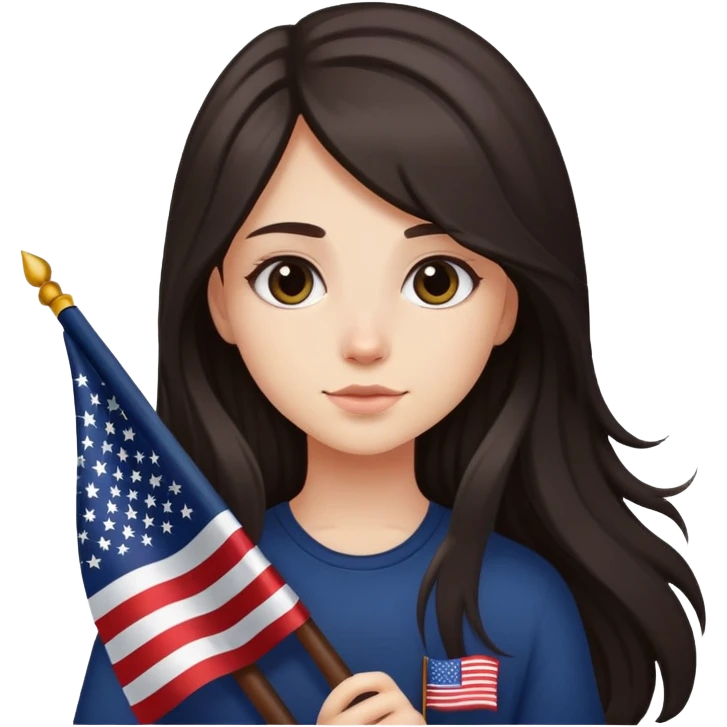 Girl with dar and long hair holding the America flag emoji