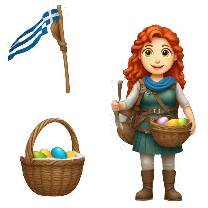 red hair female winter mountaineer offering Easter basket and Greek flag emoji