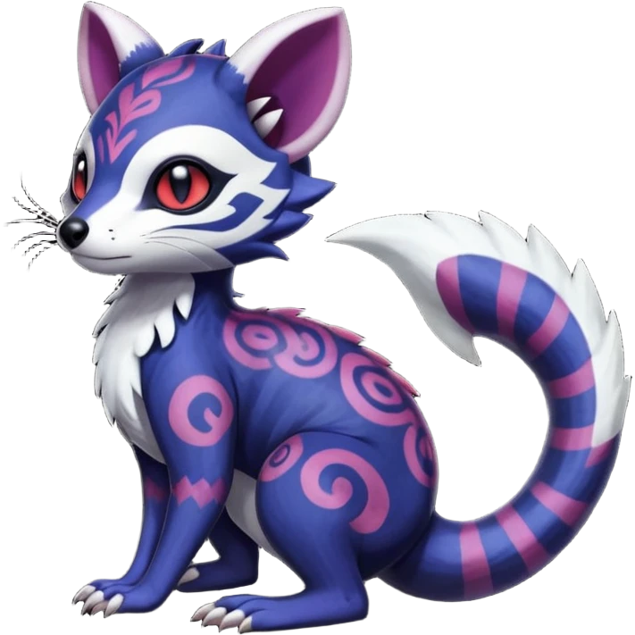 Rare warm-colored exotic gloomy tropical edgy cute epic aesthetic spooky indigo purple white black red gothic colorful Salandit-Furret-Espurr-Meowstic-Civet-species-Fakemon-hybrid-creature, with tribal tattoo markings, full body emoji