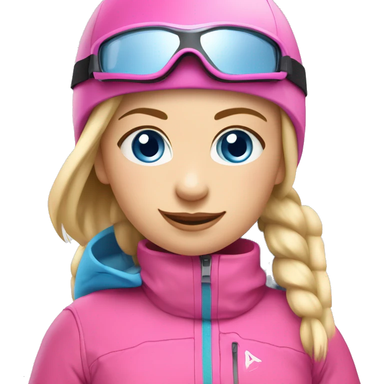 Skier girl with blonde hair in pony tail, blue eyes and pink gear show skis and legs  emoji