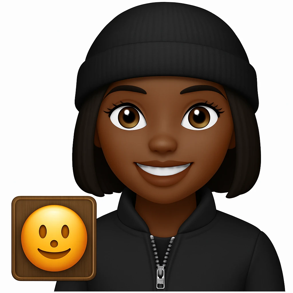 Make the subject wear a black beanie on her head and a black jacket, originally in apple style emojis emoji