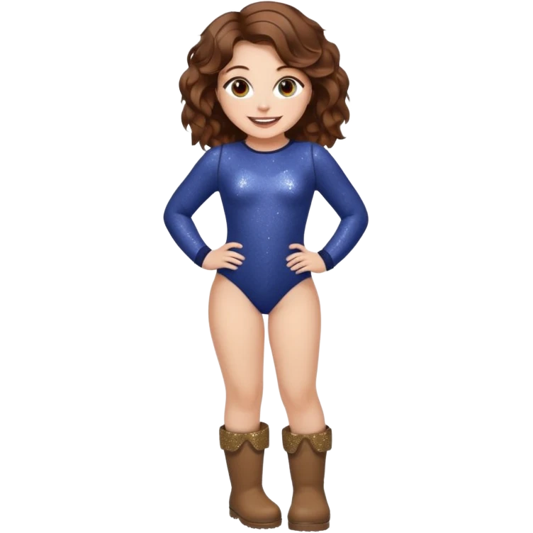 a beautiful girl with wavy volumes brown hazel hair, she has brown eyes and her face is unique, show her entire body she has big boobs and is so curvy make her wear  a body suit with uggs with a big smile and her eyes sparkly and all cute emoji