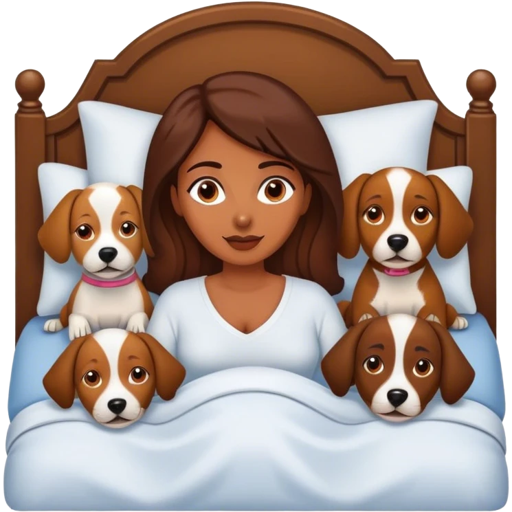 Brown lady in bed with three dogs ￼ emoji