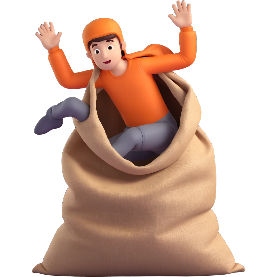 cartoonish bright colors man jumping inside of a sack, 3D style emoji