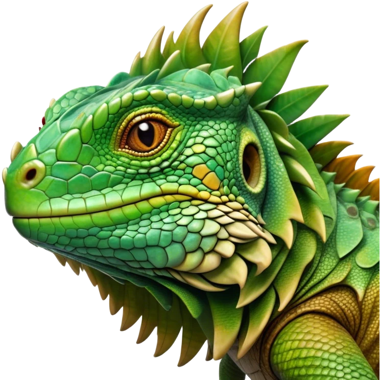 Cinematic Realistic Noble Iguana Portrait Emoji, Poised and commanding, with a robust, elongated body covered in intricately detailed, rough scales in vibrant shades of green with earthy brown accents, and a sharply defined head with piercing amber eyes, rendered with lifelike texture and natural light that accentuates every scale, high shine, intelligent and formidable, styled with an air of tropical authority, focused and attentive, soft glowing outline, capturing the essence of a watchful and confident iguana that appears ready to bask in the sun with effortless grace! emoji