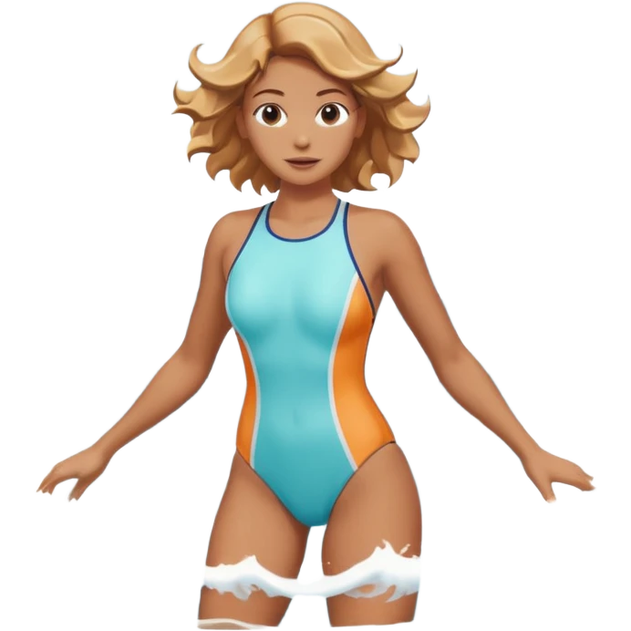 woman standing in the ocean with visible waves around her, medium shot showing upper body and surrounding water, waves clearly rising and splashing, dynamic sea motion, confident expression, 3D cartoon style, mobile game icon style, clean composition, no text, no watermark
  emoji