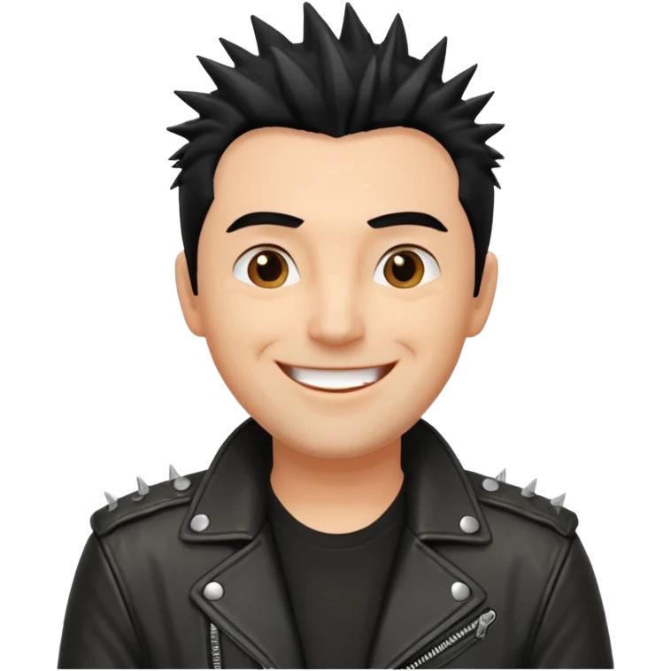 middle aged man, spiky black hair, wearing a leather jacket, cheerful look emoji