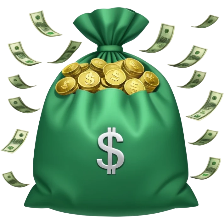 

3D emoji style, big bag of money, flying dollar bills, rich casino vibe, smooth lighting, high detail, clean edges, transparent background



 emoji