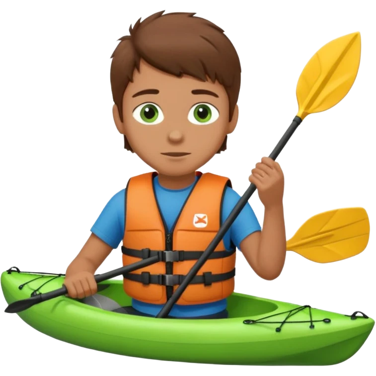 a boy with brown hair and green eyes in a kayak emoji