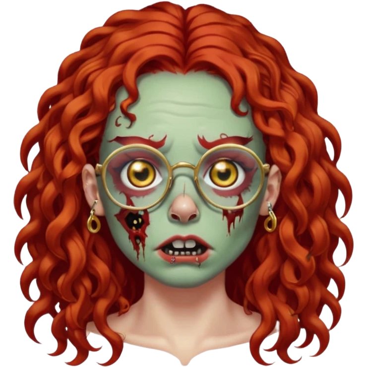 zombie with long red curly hair, thick lashes, black glasses, gold nose piercings on each nostril, and a gold eyebrow piercing. emoji
