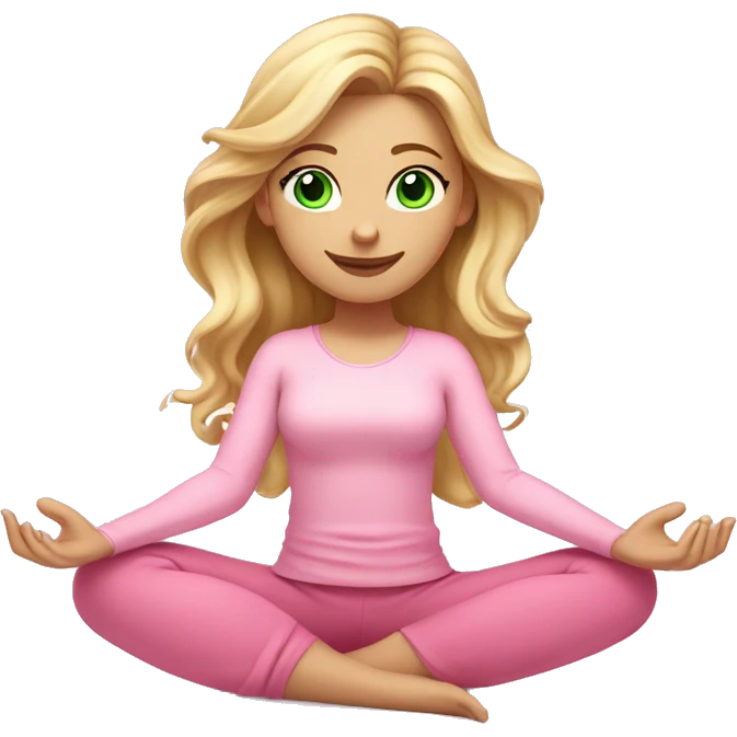 blonde long curled hair and green eyes yoga beautiful girl in light pink pink pink clothes sitting on a yoga mat emoji