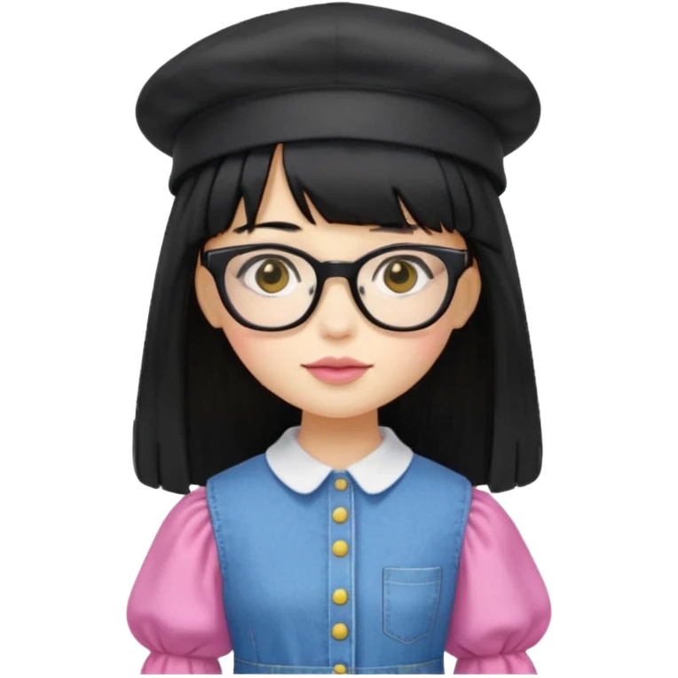 A yellow-skinned girl with long straight black hair, flat bangs, black frame glasses, a white puffy sleeve doll shirt, blue jeans and pink shoes, and a black painter's hat，no yellow spikes. emoji